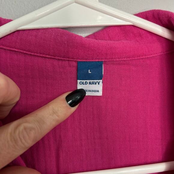 Old Navy Hot Pink Gaize 100% Cotton Button Down Short Sleeve Shirt Size Large - Picture 3 of 6